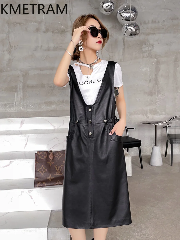 100% Top Layer Sheepskin Dresses Woman Black Sleeveless Real Leather V-neck Dress New in Outerwears Autumn Clothes 2025 Women