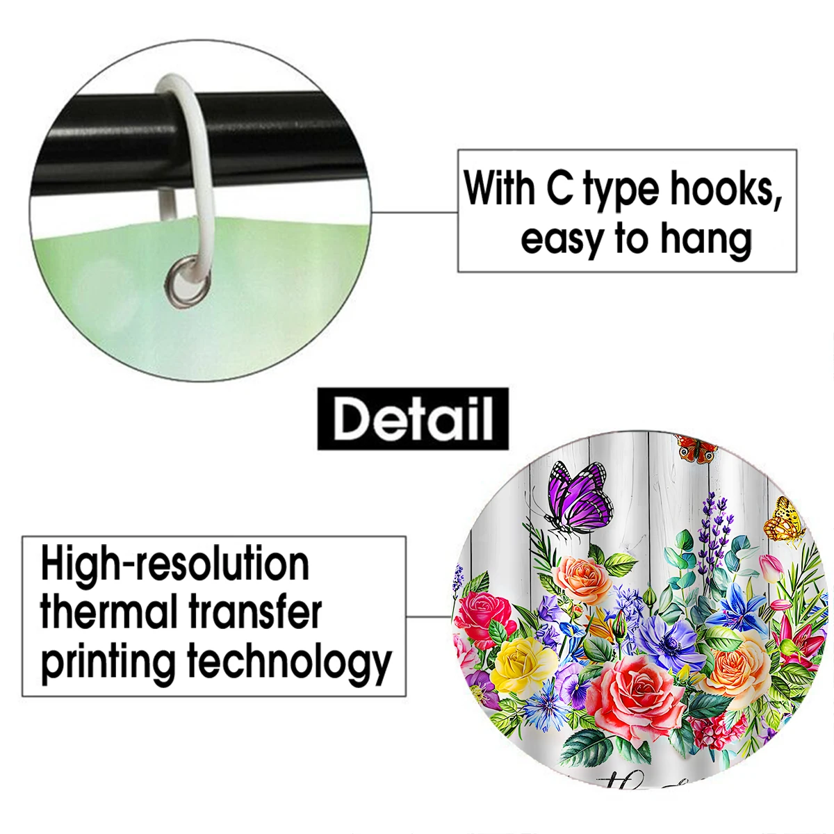 1/4PC flower butterfly simple pattern waterproof shower curtain or waterproof anti-slip shower curtain set, 12 free hooks