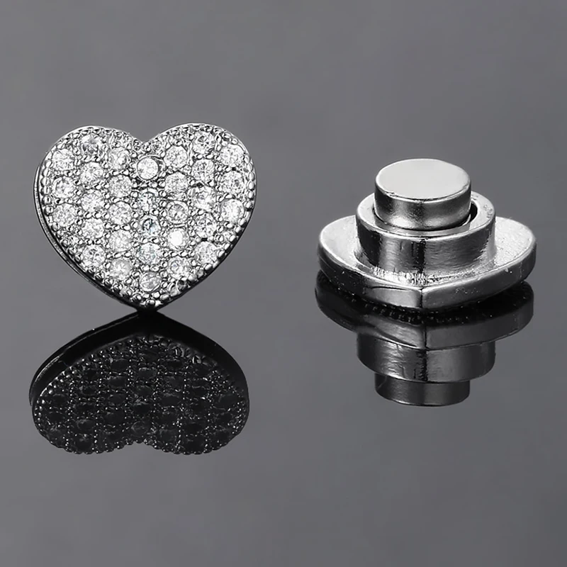 Iced Out Zircon Heart Ear Clip Strong Magnetic Hip Hop Punk Silver Color Fake Piercing Magnet Earrings For Women Men OHE190-3