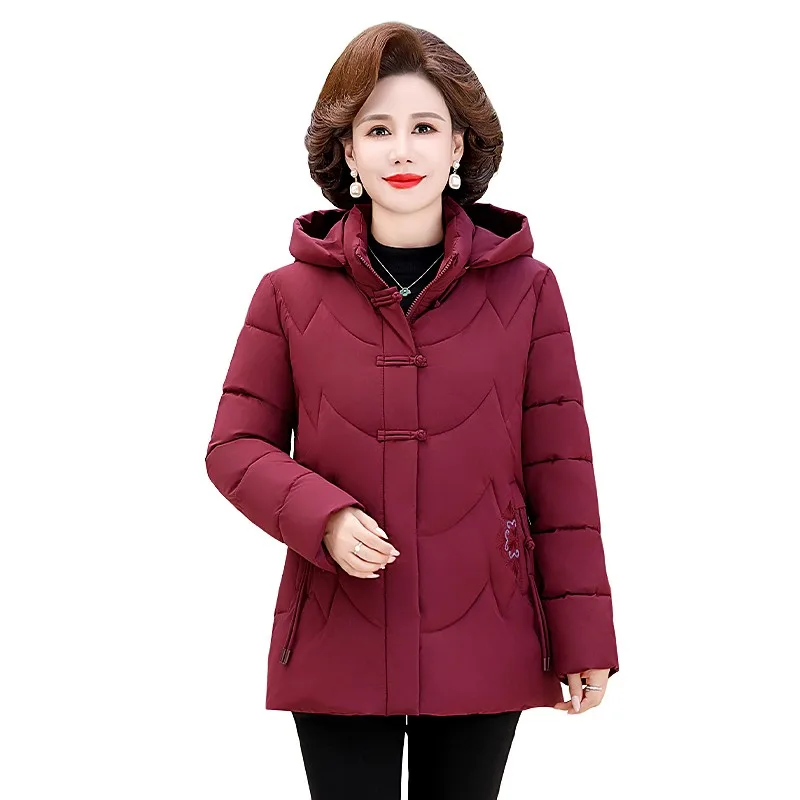 Women\'s Winter Puffer Cotton Padded Jacket Grandma Hooded Fleece Thick Parkas Warm Loose Retro Embroidery Snow Coat Loose Female