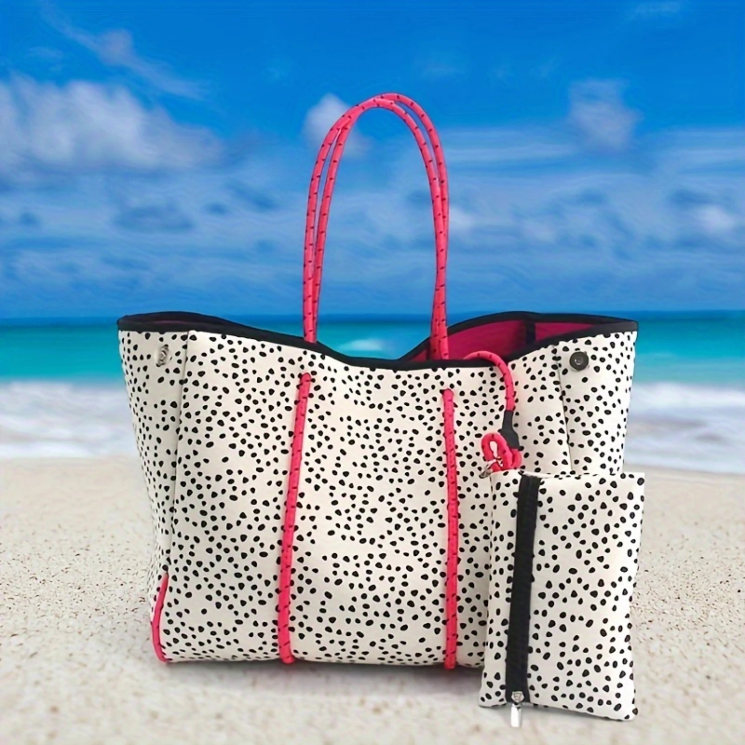 

2pcs Neoprene Beach Bag Set, Polka Dot Print Tote Bag, Large Capacity Shopping Bag With Mini Coin Purse