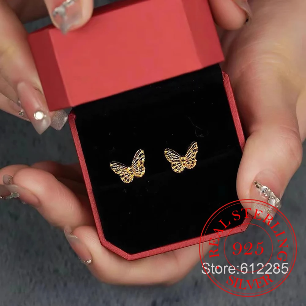 925 Sterling Silver Jewelry Golden Hollow Butterfly Stud Earrings for Women Girls Party Jewelry For Girls Friend Gift