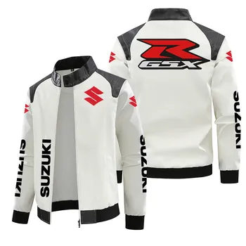 New autumn/winter casual retro leather Moto Suzuki logo jacket, men's motorcycle riding design with pockets, PU leather jacket