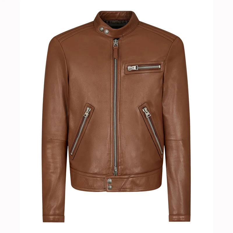 High-Quality British Fashion Leather Jacket for Men - Brown Sheepskin Custom Short Stand-Up Collar Coat