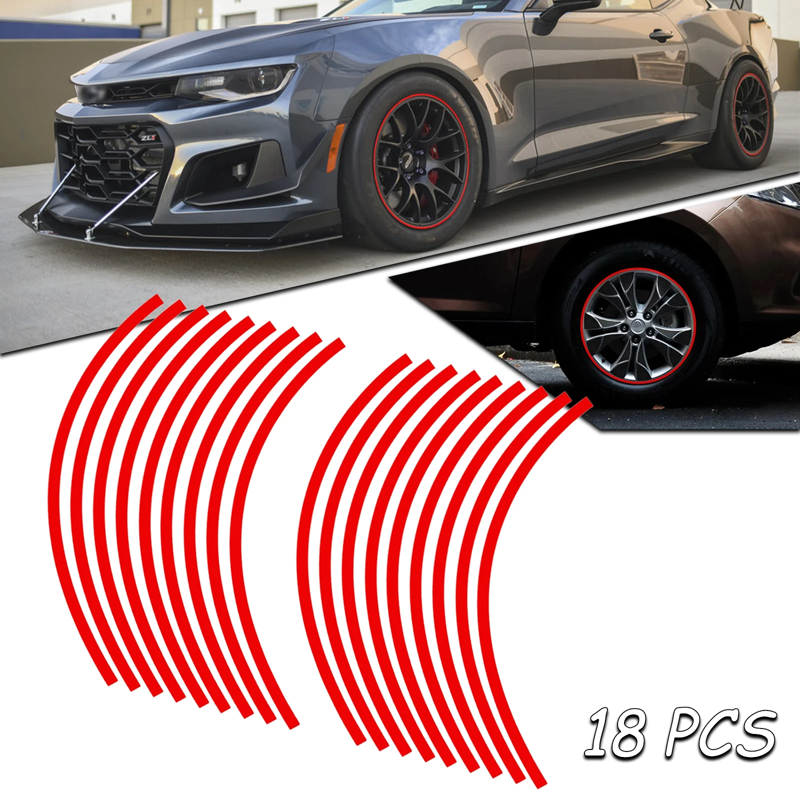 18pcs Red Reflective Car Wheel Tire Hub Rim Stripe Tape Decals Night Safety Warning Pinstripe Stickers Decoration Universal