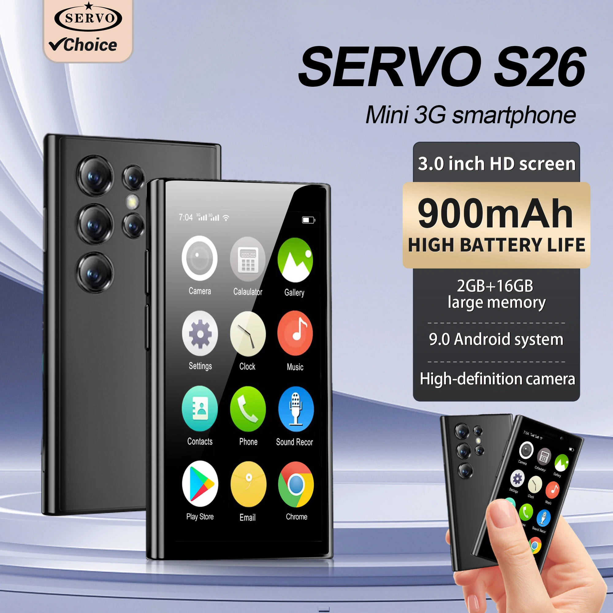 SERVO S26 ミニAndroidスマートフォン 3.0インチディスプレイ デュアルSIM 3G WCDMA 小型携帯電話 顔認証 2GB+16GB Playストア WiFi 小型携帯電話