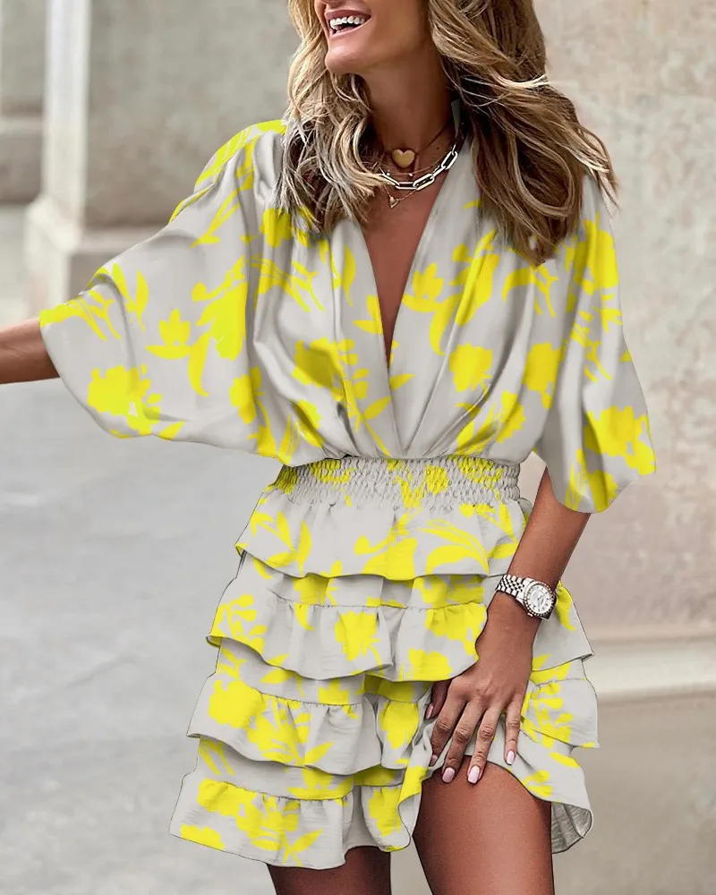Women Sexy V Neck Mini Dresses 2025 Summer Boho Casual Floral Print Batwing Sleeve Robe Female Ruffle Beach Party Dress Vestidos