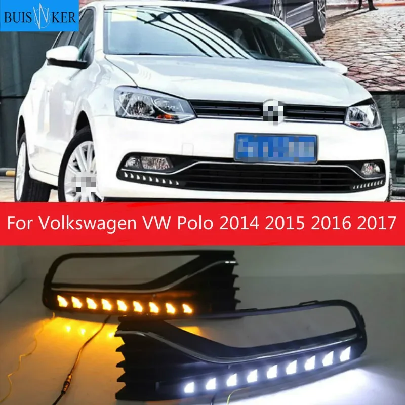 

2Pcs for VW Volkswagen Polo 2014 2015 2016 2017 Daytime Running Light flow Yellow Turn signal LED DRL Fog lamp