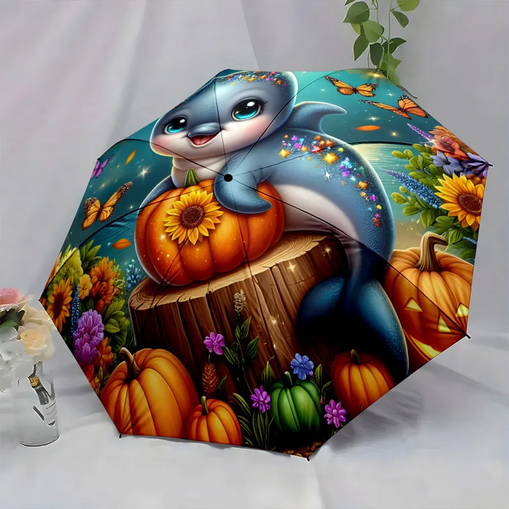 1PC Whimsical Dolphin and Pumpkin-Themed Umbrella Design Print 8 Iron Ribs Folding Umbrella Auto-Open Fashion Sunshade