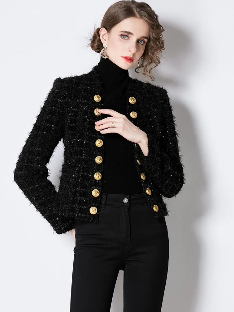 Banulin High Street Newest 2022 Stylish Runway Designer Long Sleeve Jacket Women\'s Metal Double Breasted Tassel Tweed Overcoat