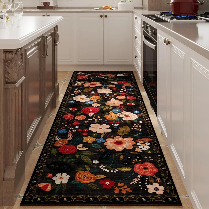 Vintage Boho Floral Runner Rug Retro Botanical Kitchen Carpet Non Slip Washable Long Floor Mat for Entryway Hallway Home Decor