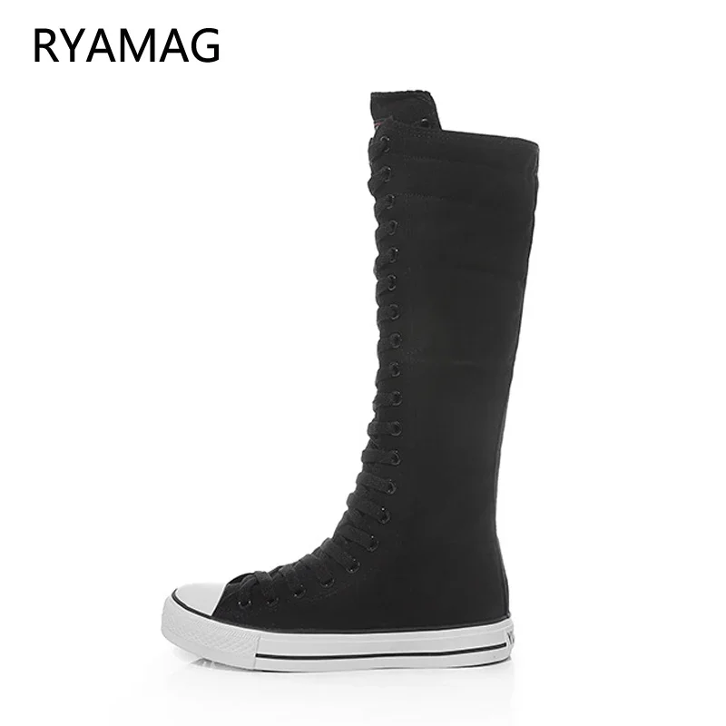 Ryamag nouvelles bottes en toile pour femmes bottes longues chaussures zippées plates plate-forme haut à lacets fermeture éclair confortable vulcaniser baskets