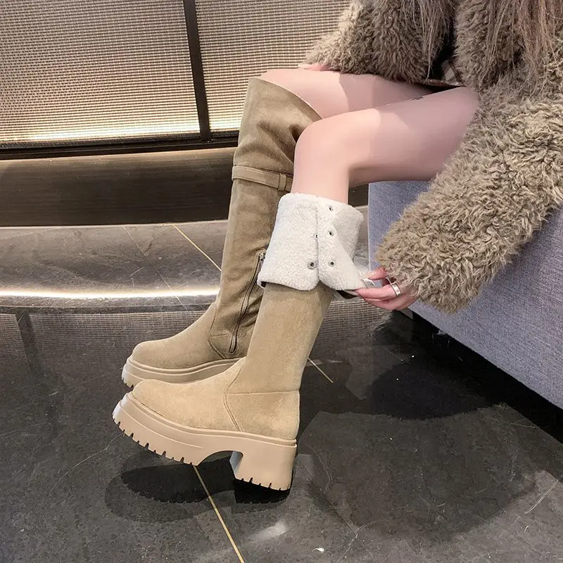 Women's Western Rider Boots 2025 Winter Over The Knee Fleece Lined Convertible Foldable Two Wear Platform Height Increasing