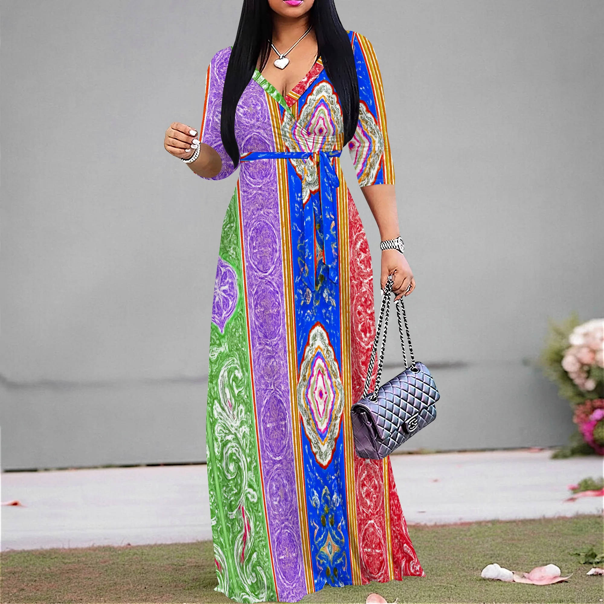 

Colorblock Boho Print Maxi Dress S‑3XL V‑Neck 3/4 Sleeve Belted Style for Art Festival, Street Look or Vacation Outfit