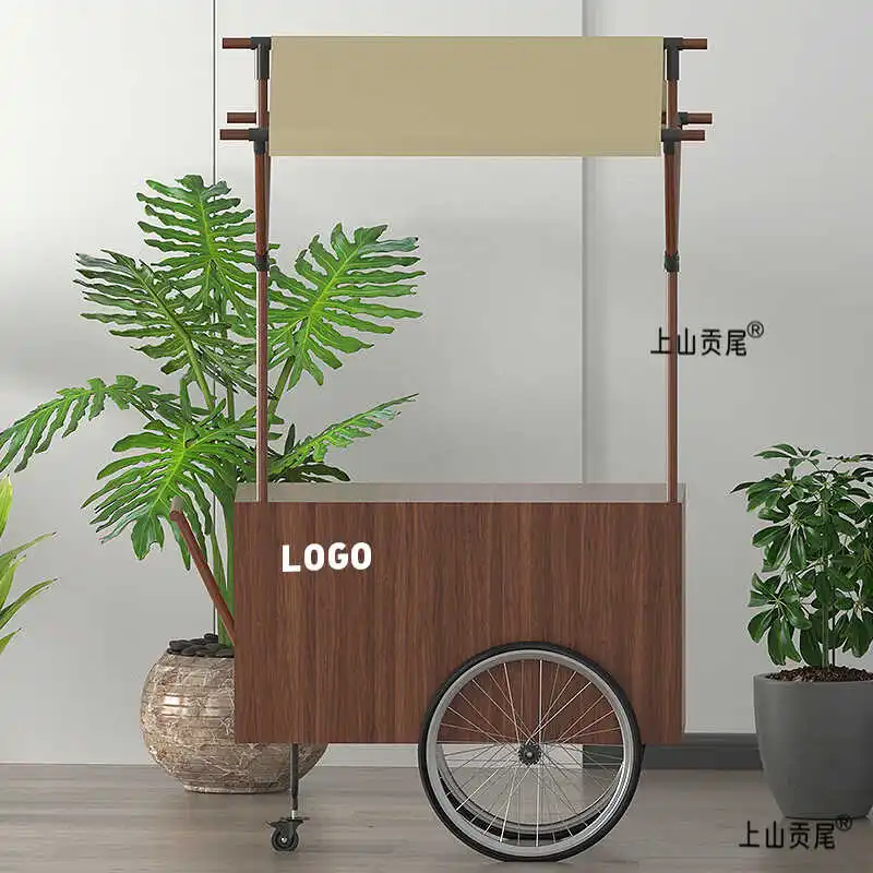 YJQ mobile solid wood promotion booth shelf wrought iron float stall display pastoral push food cart