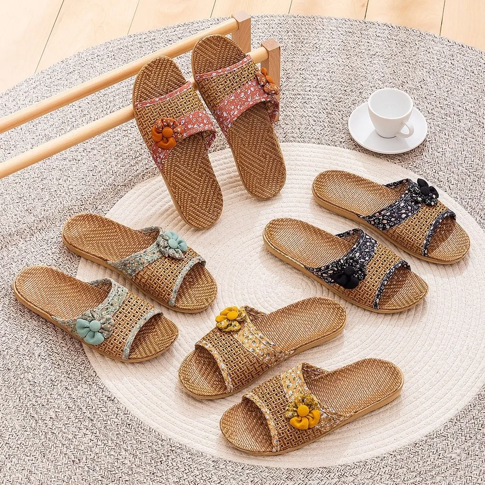 Casual Breathable Straw Plaited Slippers Flower EVA Bottom Linen Slippers Non-Slip Shoes Home Slippers Wood Floor