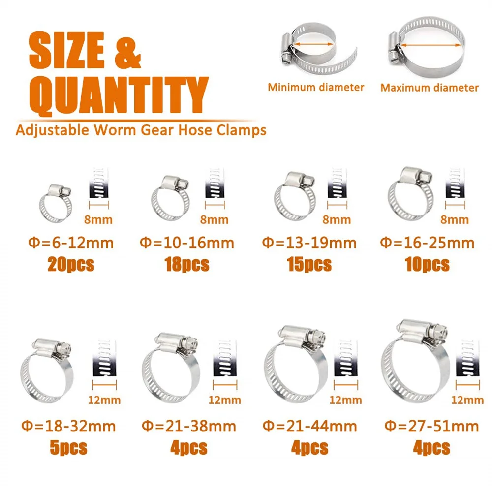 80pcs 8 Sizes Stainless Steel Hose Clamp Adjustable 6-51mm Range Worm Gear  Metal Fuel Line Hose Clamps Assortment Kit