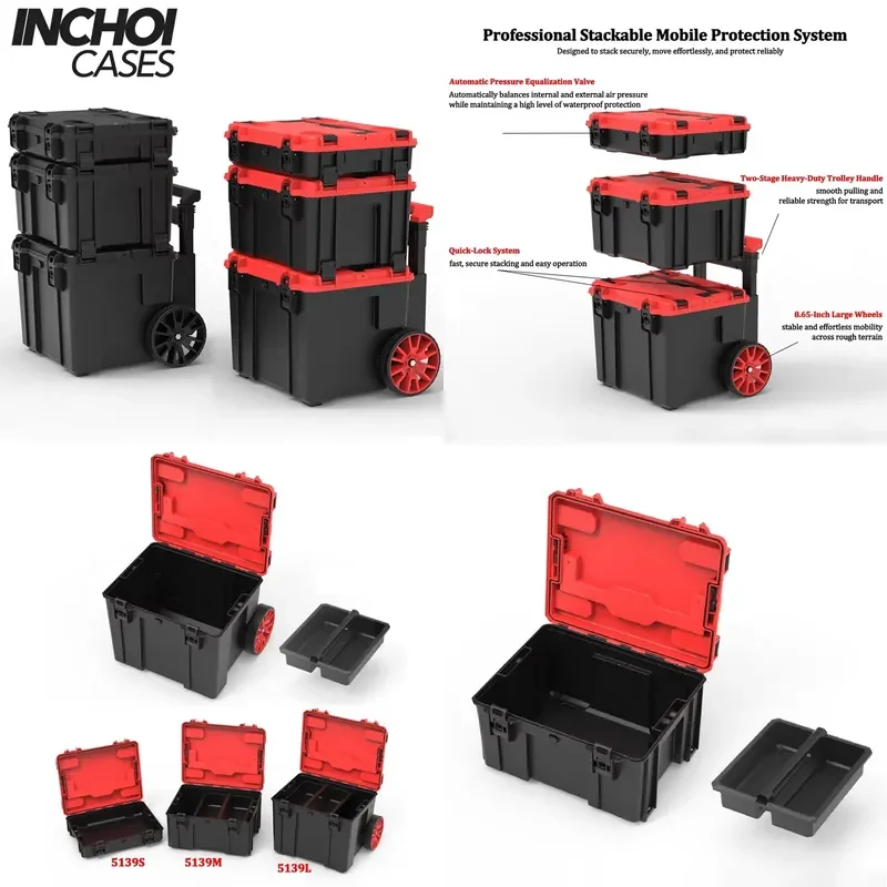 INCHOI CASES Professional Stackable Mobile Tool Box with Wheels Toolbox Outdoor Trolley Wheeled Waterproof Hard Plastic Case