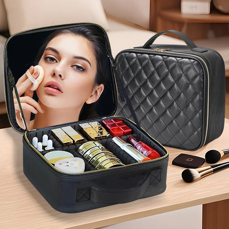 Waterproof Travel Makeup Bag for Women with Mirror Professional Cosmetic Storage Case with Sewing Thread - Beauty Brush Included