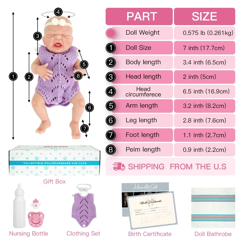 Boneca de silicone para crianças, Boneca Mini Reborn Lifelike, Surpresa Anti-Stress, Menina Micro Preemie, Corpo Inteiro, 7 pol