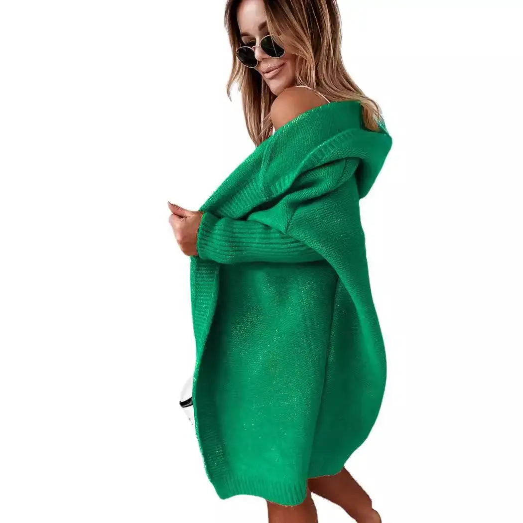 

Hooded Knit Sweater with Bat aped Soft Ba for Women Summer Regular Thin Pure Color Polyester Fiber Open Cardigan