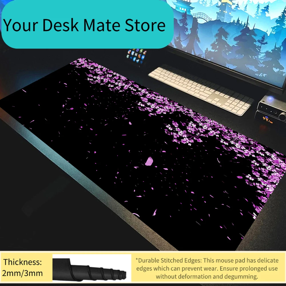

Kawaii Purple Flower Desk Mat Black Sakura Gaming Mouse Pad Office Carpet Cherry Blossom 1200x600mm Mousepad Gamer Computer Mat