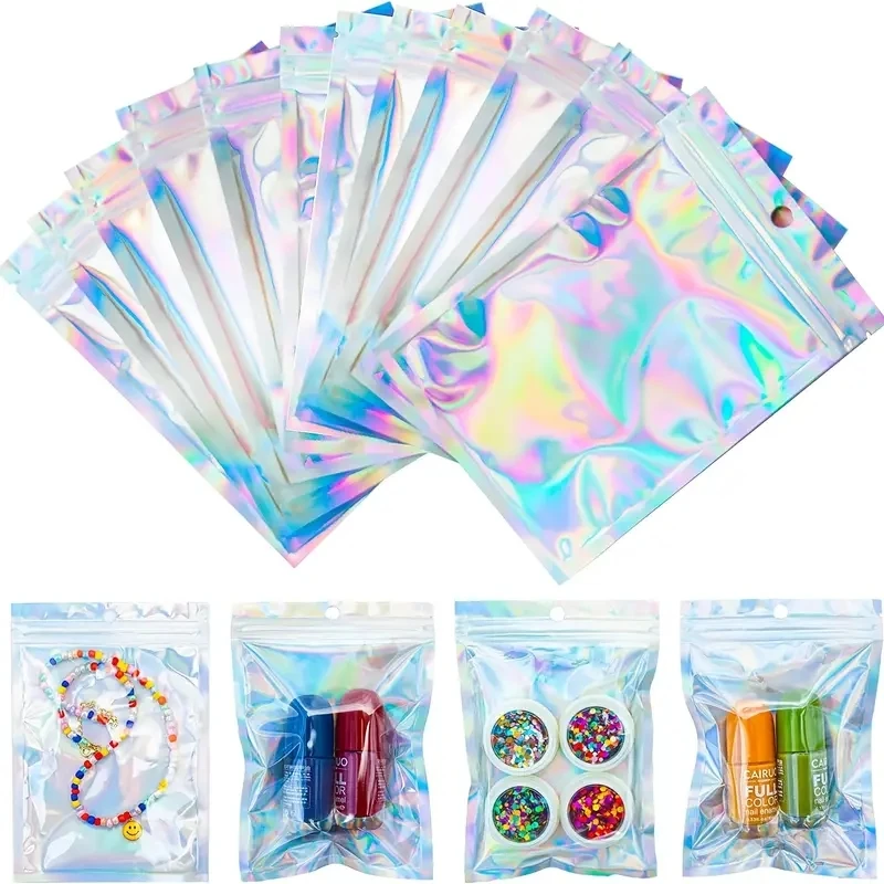 100pcs Holographic Resealable Mylar Bags Ziplock Candy Suger Tee Jewelry Beauty Storage Bag