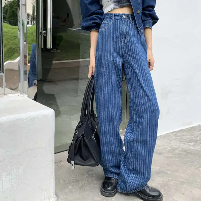 Style Blue Vertical Striped Wide-leg Jeans for Women Spring Autumn High-waisted Straight Loose European American Design Pants