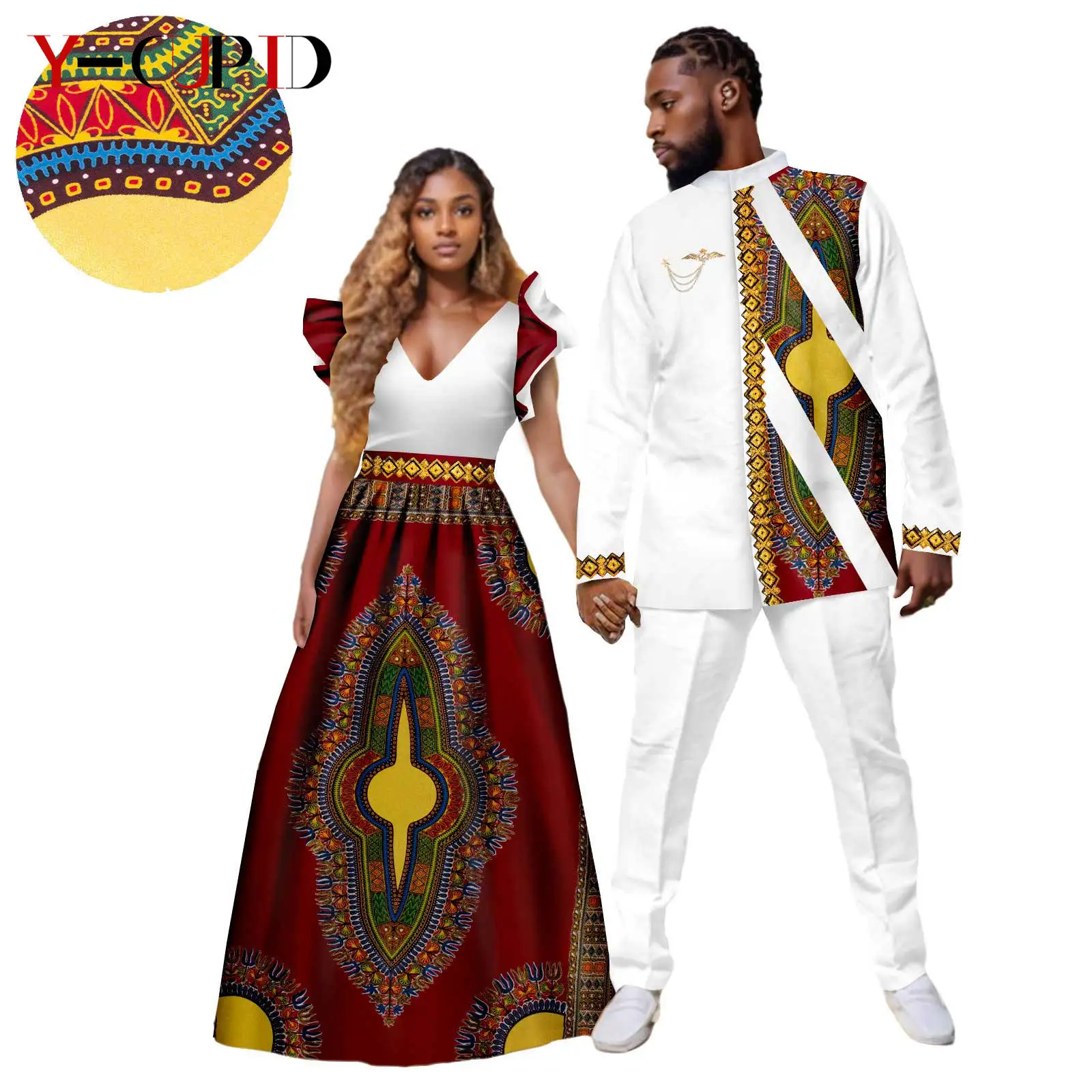 African Print Princess Dresses for Women Matching Couple Clothes Men Appliques Outfits Top and Pant Sets Dashiki Party 24C089