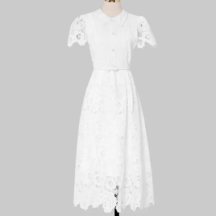 

JAMERARY Runway 2024 Summer Flower Embroidery White Lace Evening Prom Holiday Dress Women Short Sleeve Pearls Bow Bead Vestidos