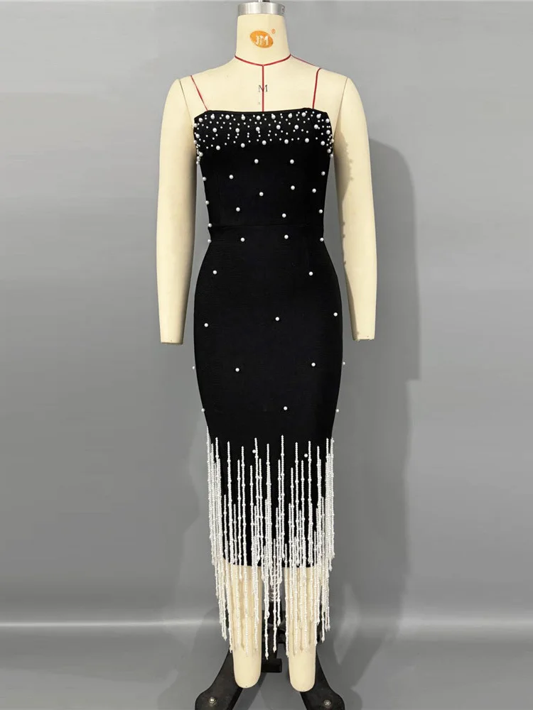 DEAT Robe de soirée élégante sans bretelles, ornée de perles et de pompons, effet amincissant sur les hanches, Nouvelle collection Printemps 2026 35Z4487