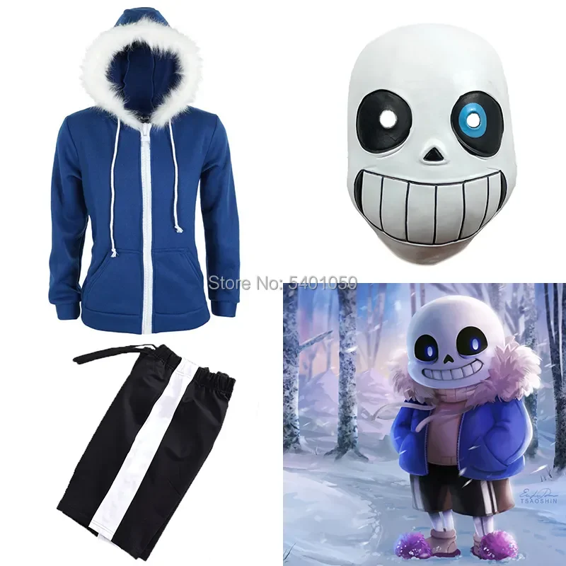 

Толстовки для косплея Undertale Sans, латексная маска, крутая, скелет, Cos, голубое пальто, костюм для косплея на Хэллоуин, унисекс, куртка, головной убор