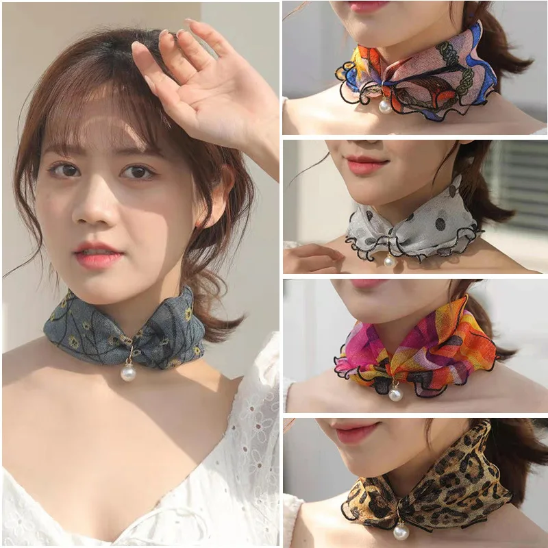 Pearl Pendant Lace Scarf Print Shiny Neck Collar Organza Chiffon Ruffle Neck Wrap Bandana Headband New Fashion Elastic Scarves