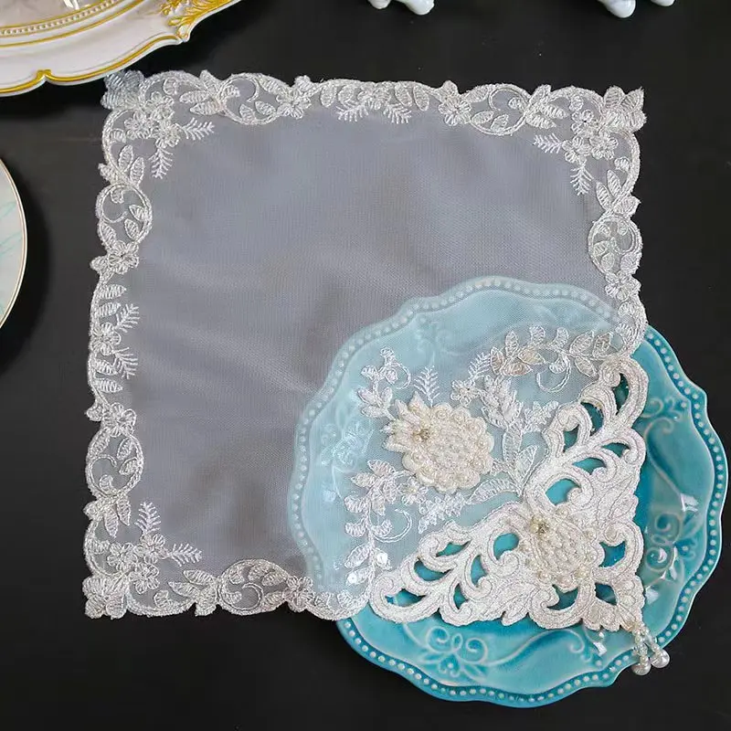 Hot beige mesh bead flower embroidery table place mat cloth Wedding Christmas placemat kitchen Table decoration and accessories