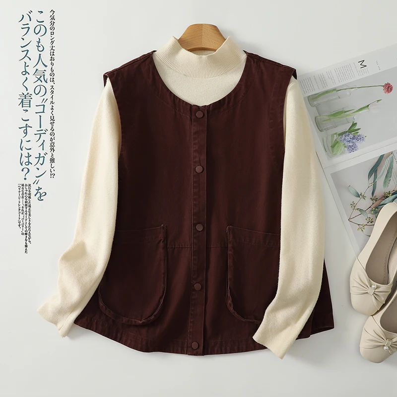 Women's Sleeveless Cargo Jacket Coat Spring Autumn Button Pocket Beige Purple Cotton Vest Vintage Casual Loose Outwear Clothing