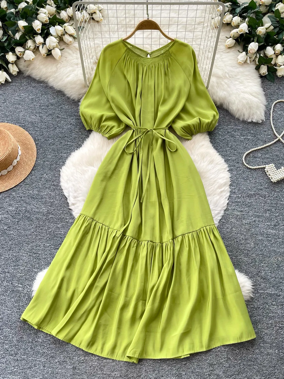Damen Grünes Maxikleid mit Laternenärmeln Elegantes Langes Kleid im Französischen Stil Rüschen A-Linien-Kleid Vintage Einteiliges Kleid Sommer 2026