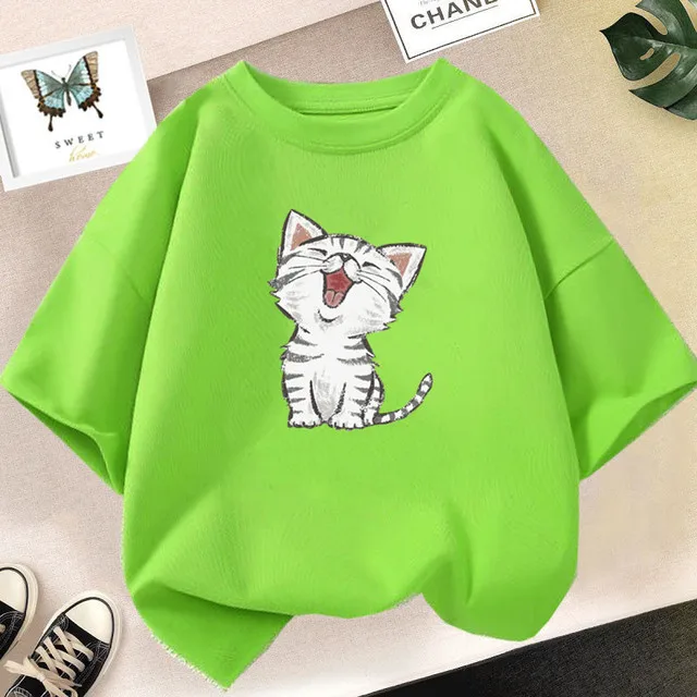 T-shirt for Girls Clothes Cute Cat Green Clothes Child Girl T-shirts for Children 2024 Girl Summer Children\'s Clothing Top Kids