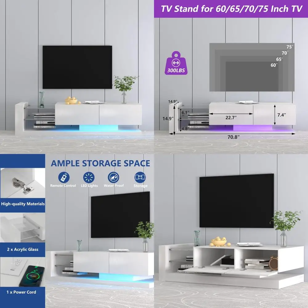Modern 75-Inch TV Stand with LED Lights, Charging Station, and High Gloss Wood Entertainment Center featuring 2 Storage Compartm