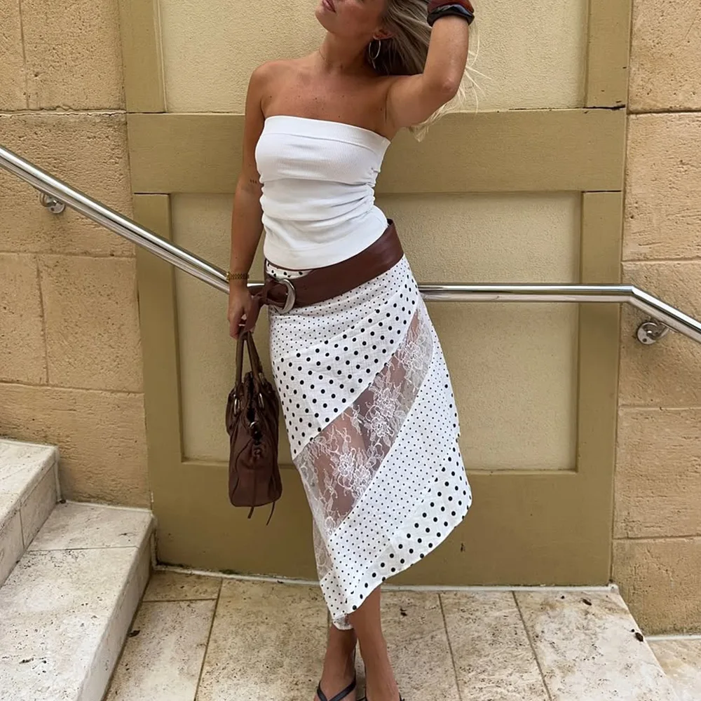 

Sheer Lace Patchwork Polka Dots Print Asymmetrical Maxi Skirts Women Fashion High Waist Slim Casual All Match Streetwear Bottoms