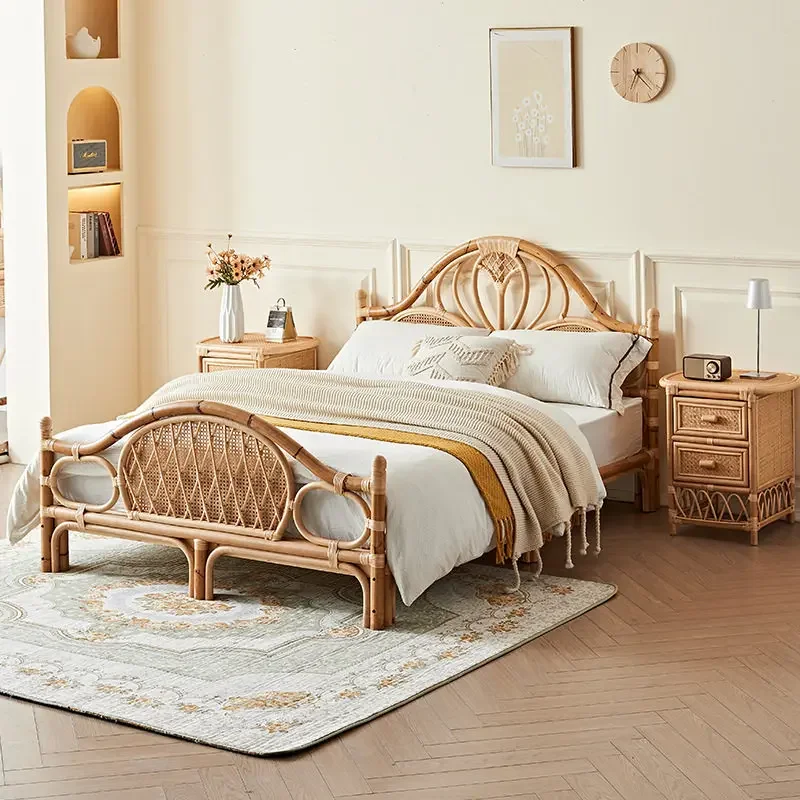 Wabi Sabi Hand-woven Double Bed Bedroom Household 1.8-meter Queen Bed B & B Hotel Designer Rattan Bed
