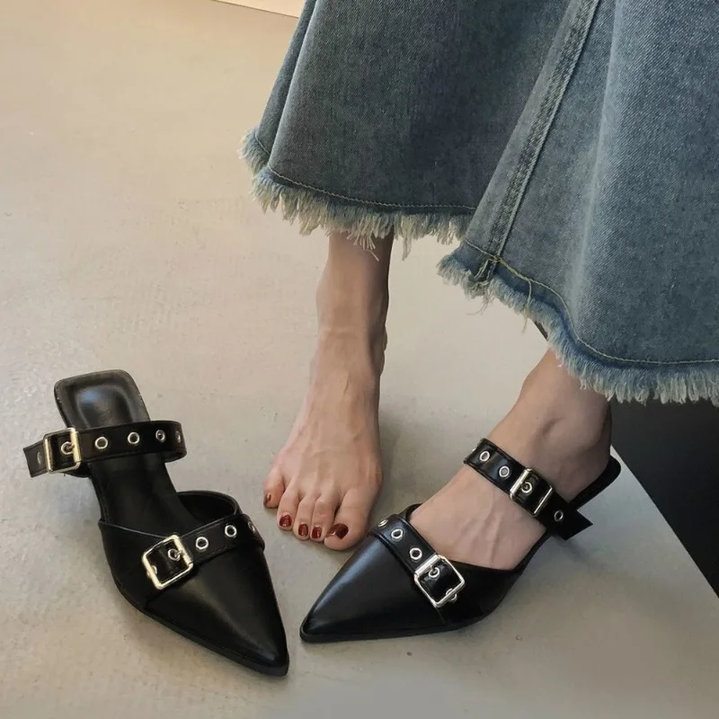 

Women's Heeled Sandals High End Belt Buckle Slippers Summer Pointed Toe Silver Party Shoes Fashion Womens Pumps Shoes Tacones