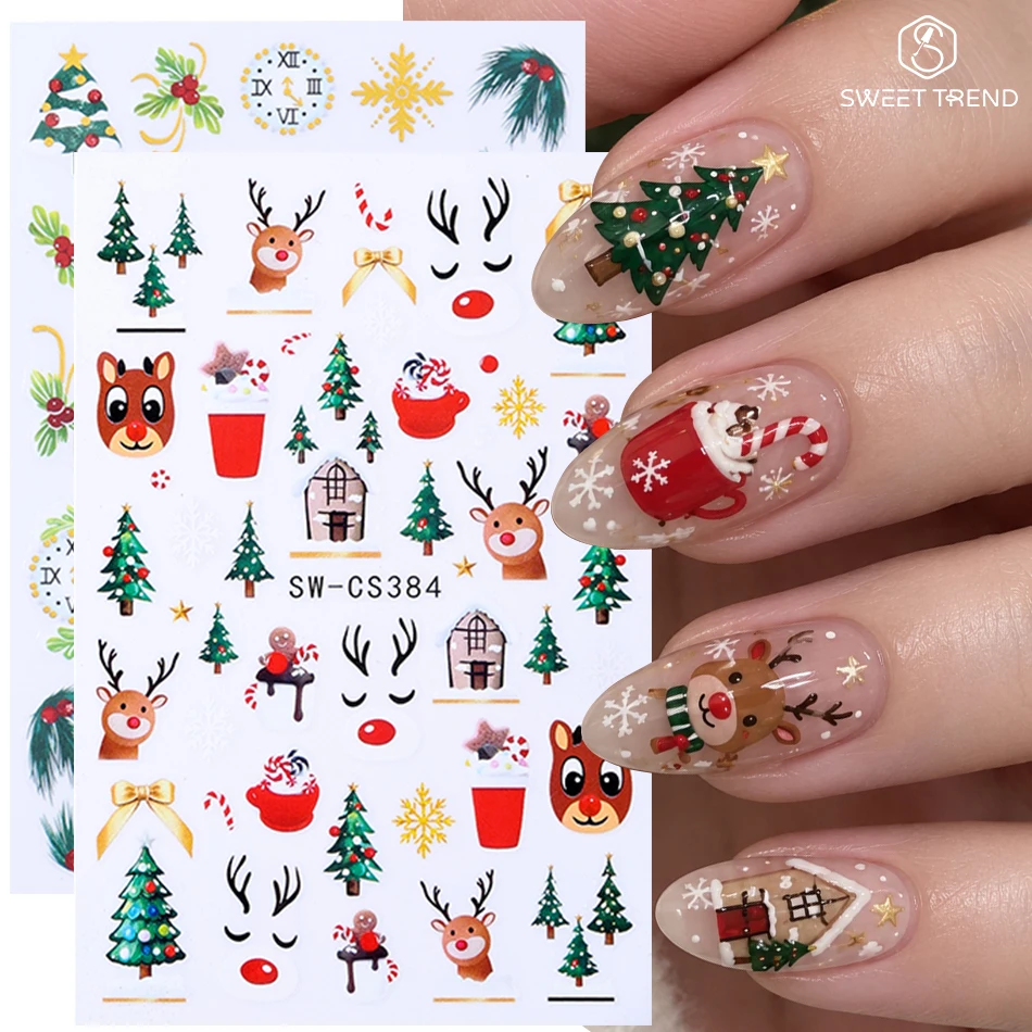 2pcs Christmas Nail Stickers Cute Reindeer Xmas Tree Bow Holly Berry Clock Adhesive Nail Decals Holiday DIY Manicure Decoration