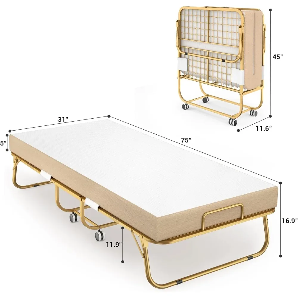 Rollaway Bed for Adults With Memory Foam Mattress and Metal Frame Cot Size Guest Bed on Wheels Luxury Glod 75” X 31” Folding