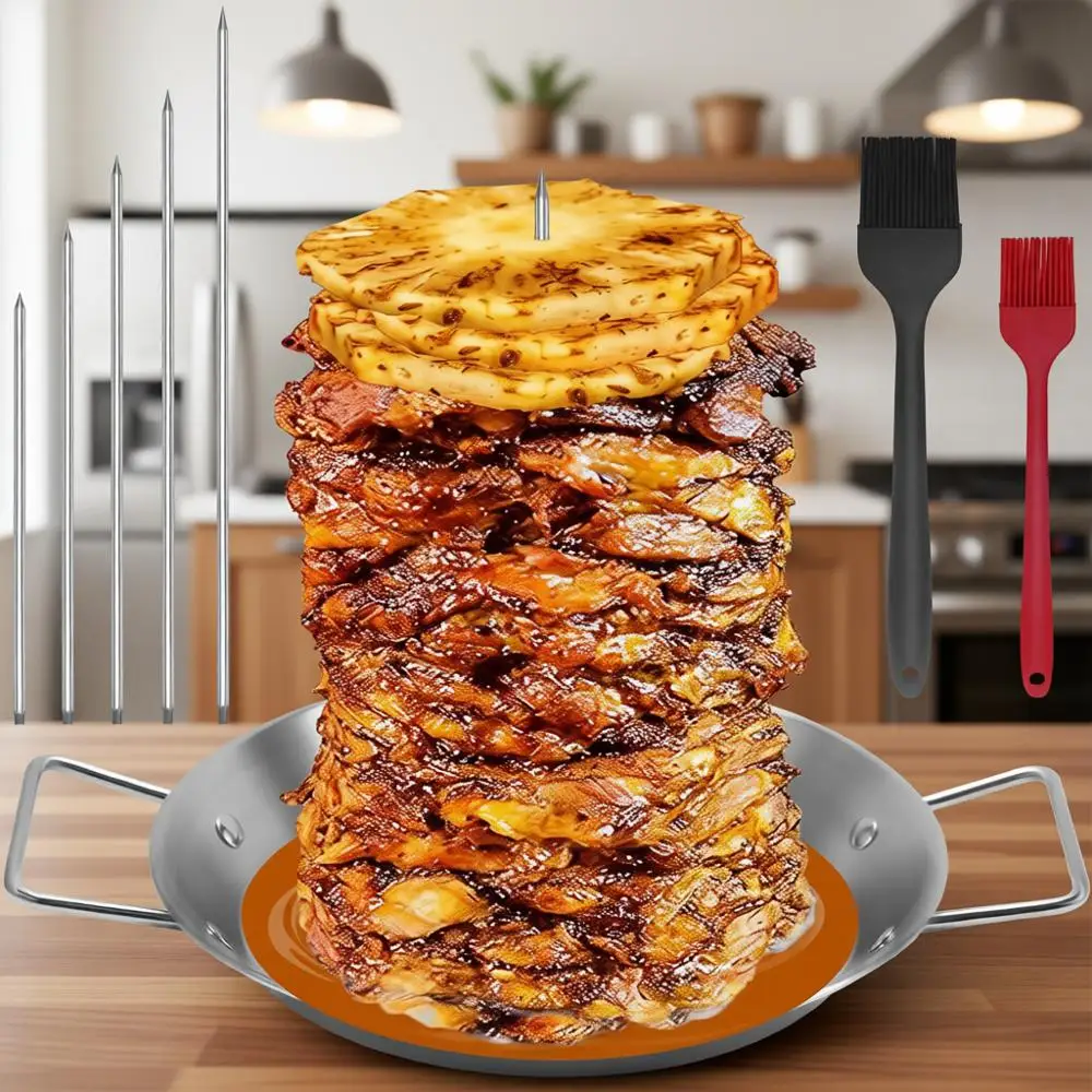 

Al Pastor Skewers - Stainless Steel Veal Skewers, Brazilian Veal Spits with 5 Spikes & Brushes, Tacos Al Pastor, Shawarma Kebabs