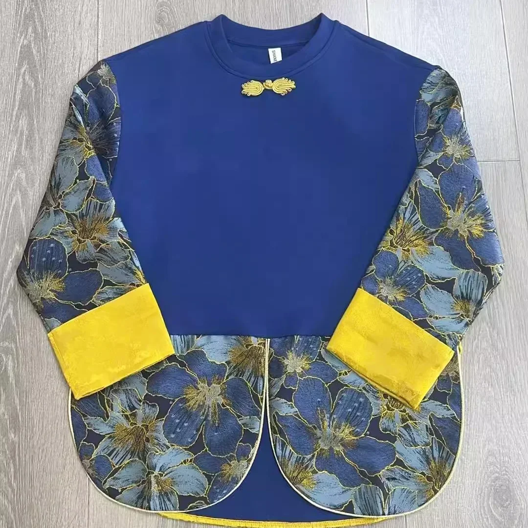 High Quality Designer Sweatshirt Royal Blue Chinese Style Jacquard Flower Pullover 2025 Spring Loose Women Y2K Tops Sweet Women