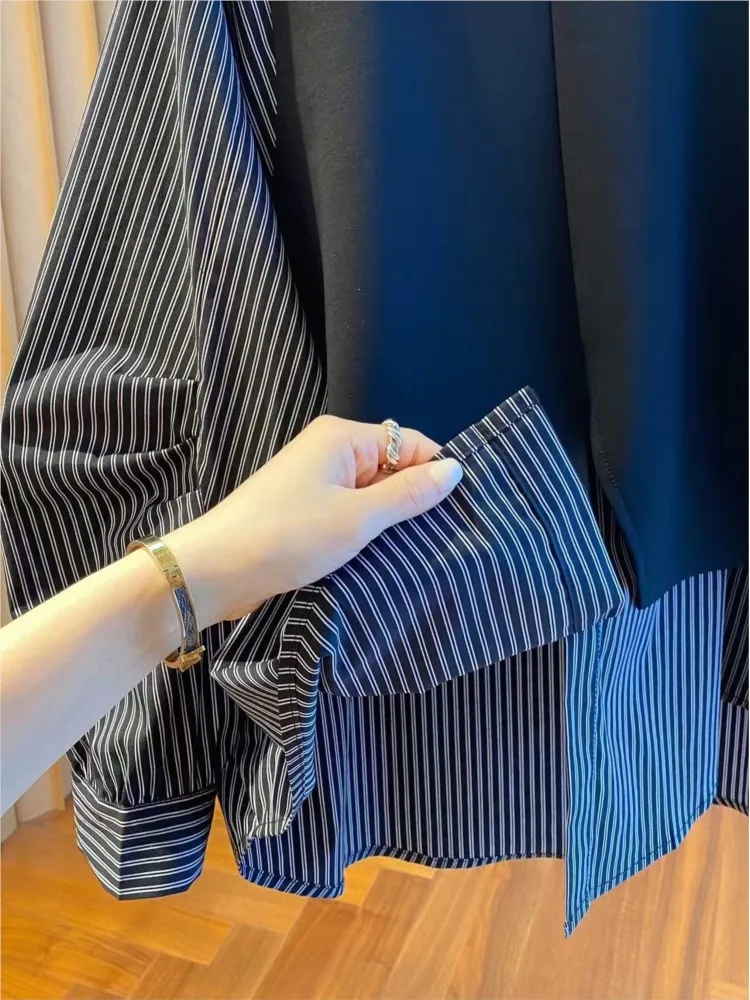 เสื้อเชิ้ตลายทางสไตล์แพทช์เวิร์คแบบสองชิ้นหลอกๆ สำหรับผู้หญิง แขนยาว ทรงหลวม ดีไซน์ไม่ซ้ำใคร สวมใส่สบาย ระบายอากาศได้ดี