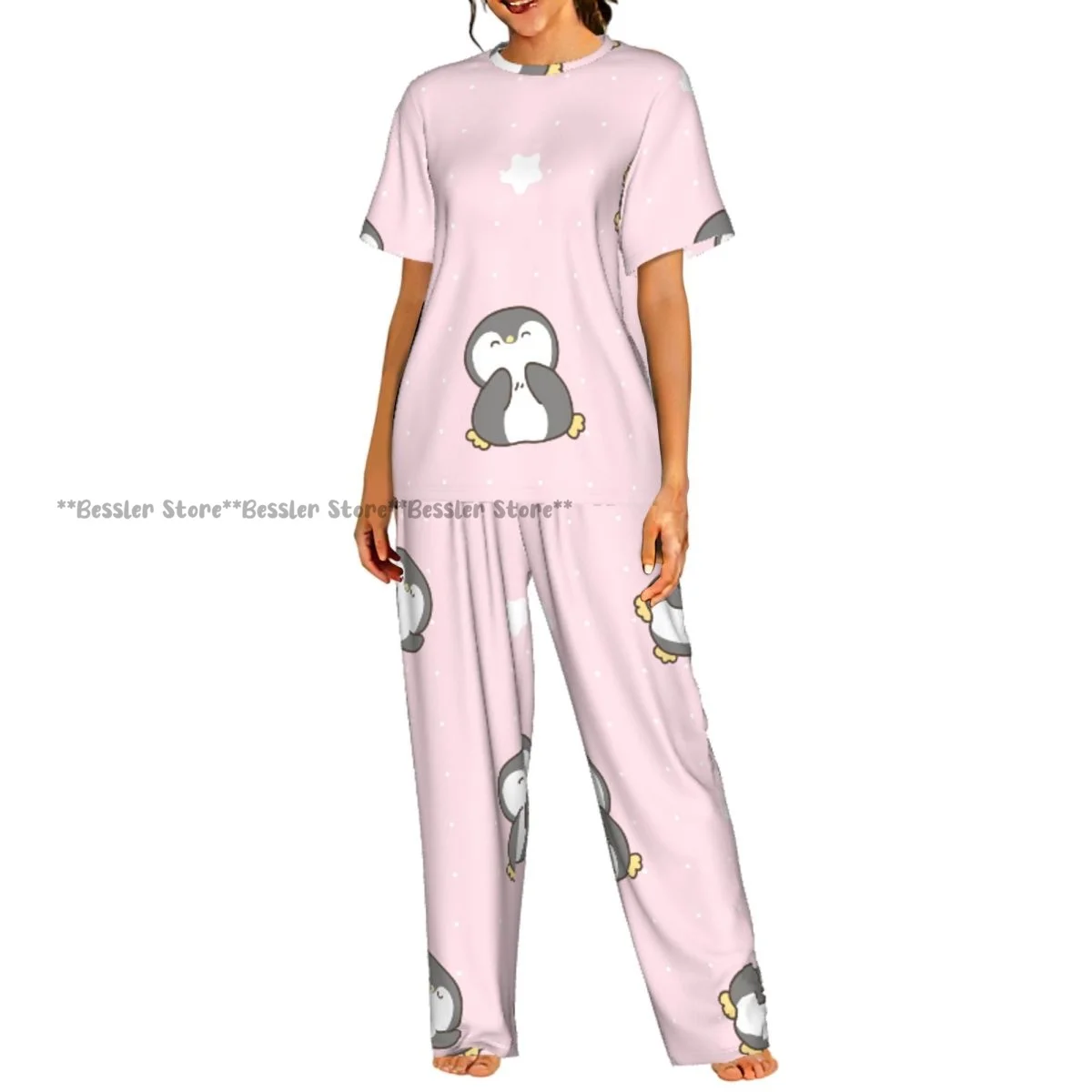 

Женский пижамный комплект с рисунком пингвина с белыми точками и звездами, одежда для сна с короткими рукавами, комплект из 2 предметов, домашняя одежда, одежда для отдыха
