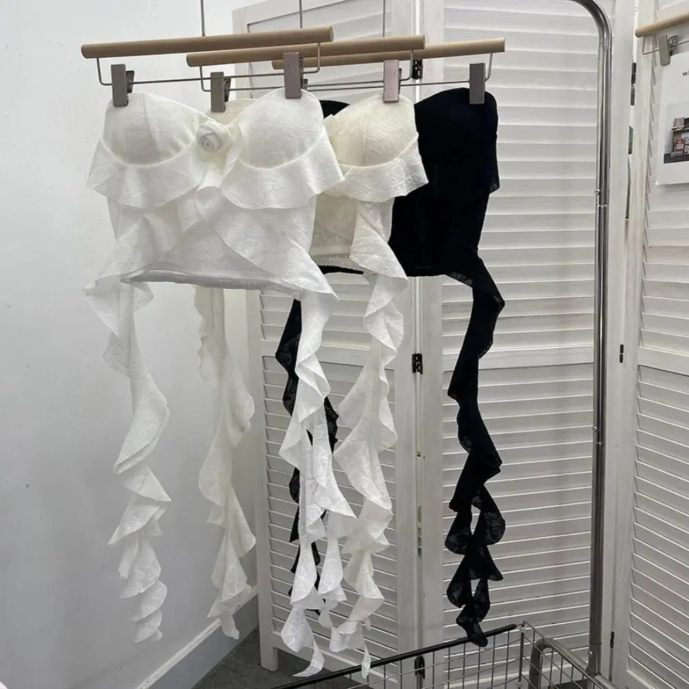 Fashionable Ribbon Design Camisole Asymmetric Fringe Flower Pattern Sleeveless Top Beautiful Design Fitted Tops Women