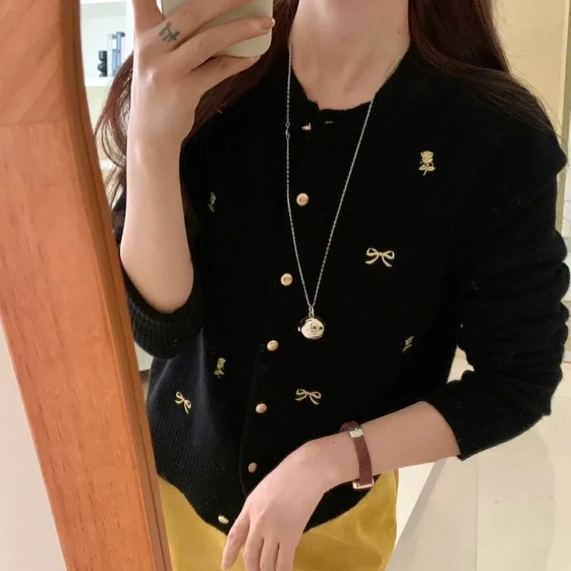 

Korean Embroidered Bow Autumn Knitted Cardigan for Women Loose Sweater Jacket