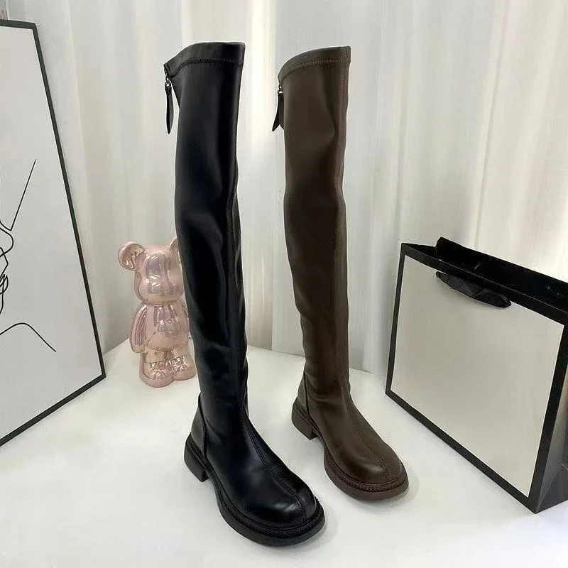 Flat Round Toe Over Knee Boots Women French Style Elastic Slimming Warm Fashion Boot